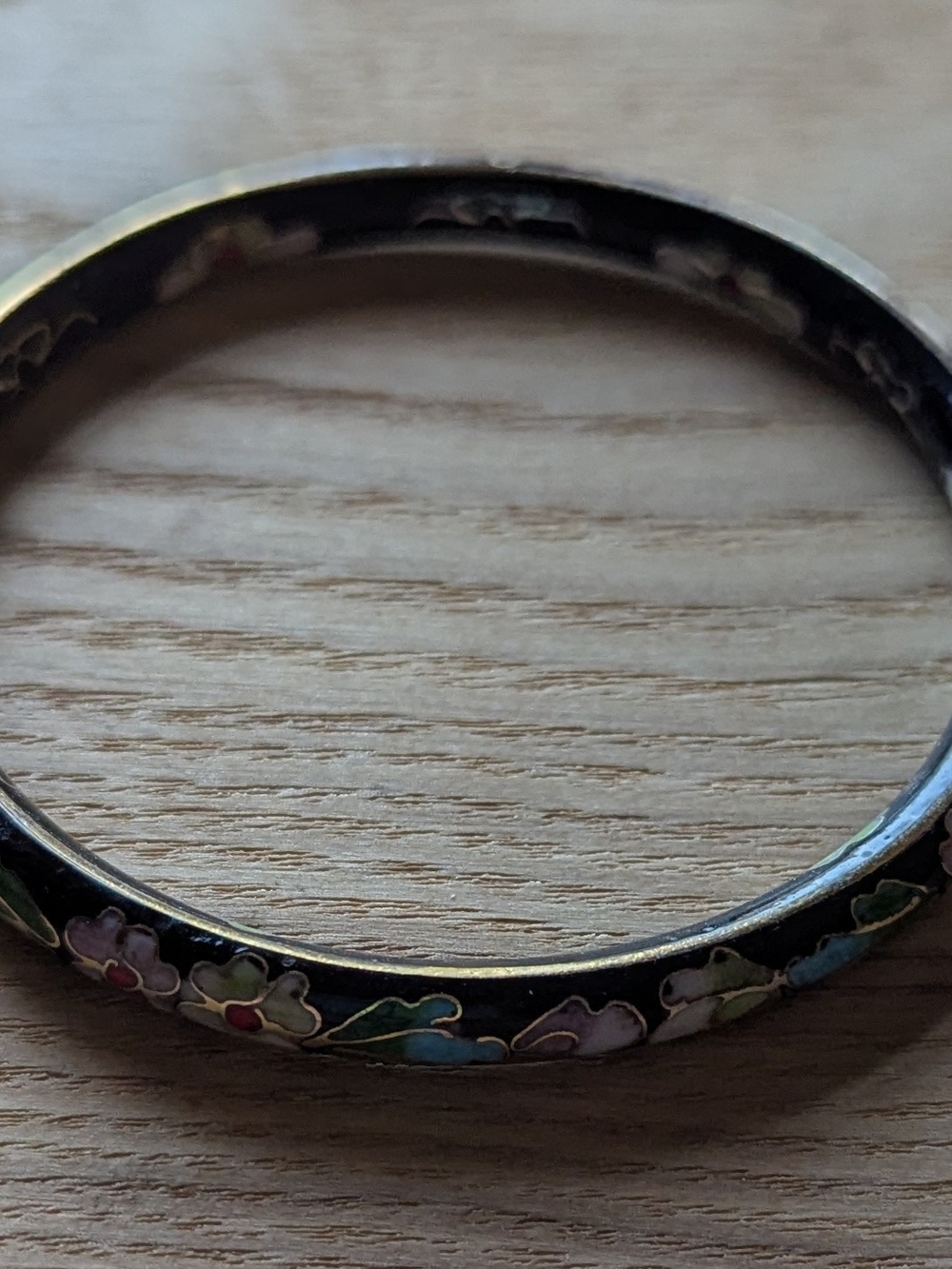 Hand-Painted Floral Cloisonné Bangle Bracelet in Black and Multicolor